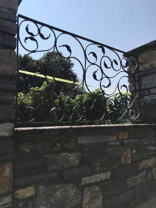 Dettaglio laterale della ringhiera decorativa in ferro battuto con motivo a foglie